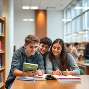 Young students studying in a college library setting.