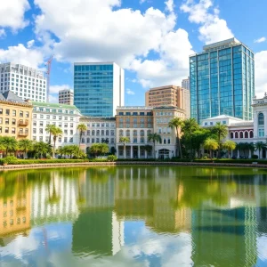 A picturesque view of Mirror Lake with historic buildings in the foreground.