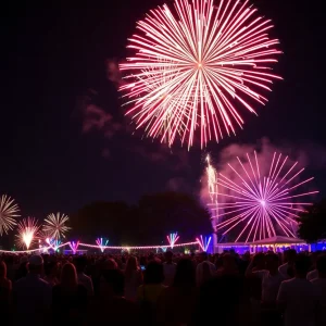 Crowd celebrating New Year's Eve in Florida with fireworks