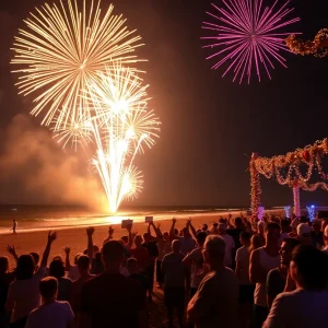 Fireworks display over a beach during New Year's Eve celebrations in Pinellas County