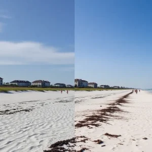 A picturesque view of the beach before and after nourishment at Sand Key, with sunbathers and clear blue waters.