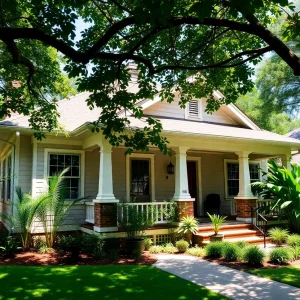 Exterior view of a craftsman bungalow in St. Petersburg, featuring lush landscaping.