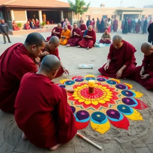 Tibetan monks creating a sand mandala for healing.