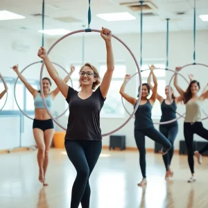 Participants enjoying an aerial hoop dance class in a bright studio.