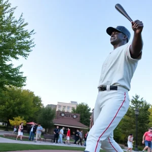 Statue of Babe Ruth titled 'Babe Calls the Shot' in a park