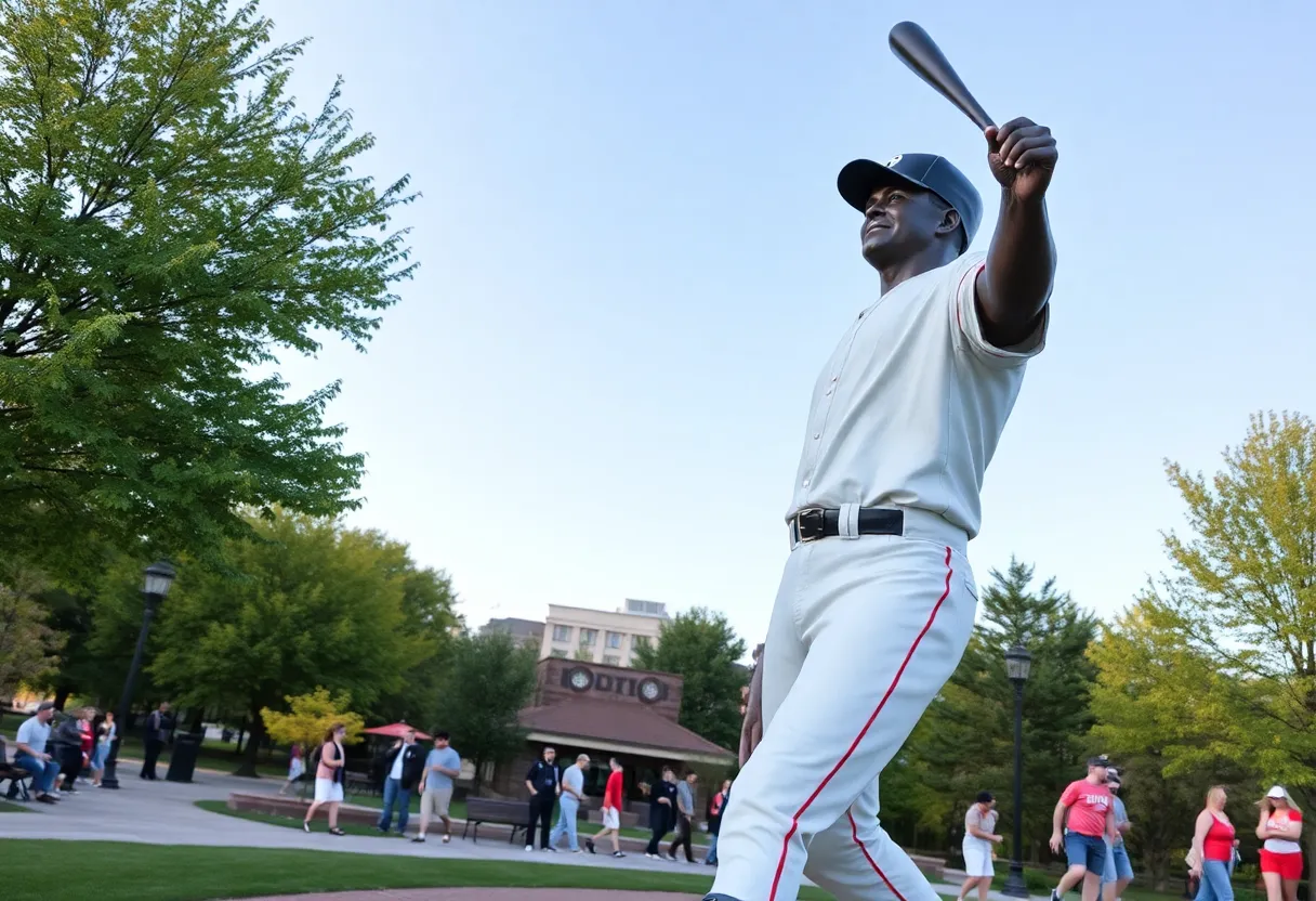 Statue of Babe Ruth titled 'Babe Calls the Shot' in a park