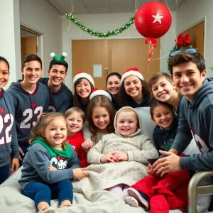 Tampa Bay Buccaneers players visiting children in a hospital during the holiday season