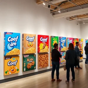 Artistic cereal boxes displayed in an exhibit