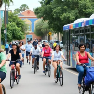 Scene of diverse people in South St. Petersburg using various transportation modes.