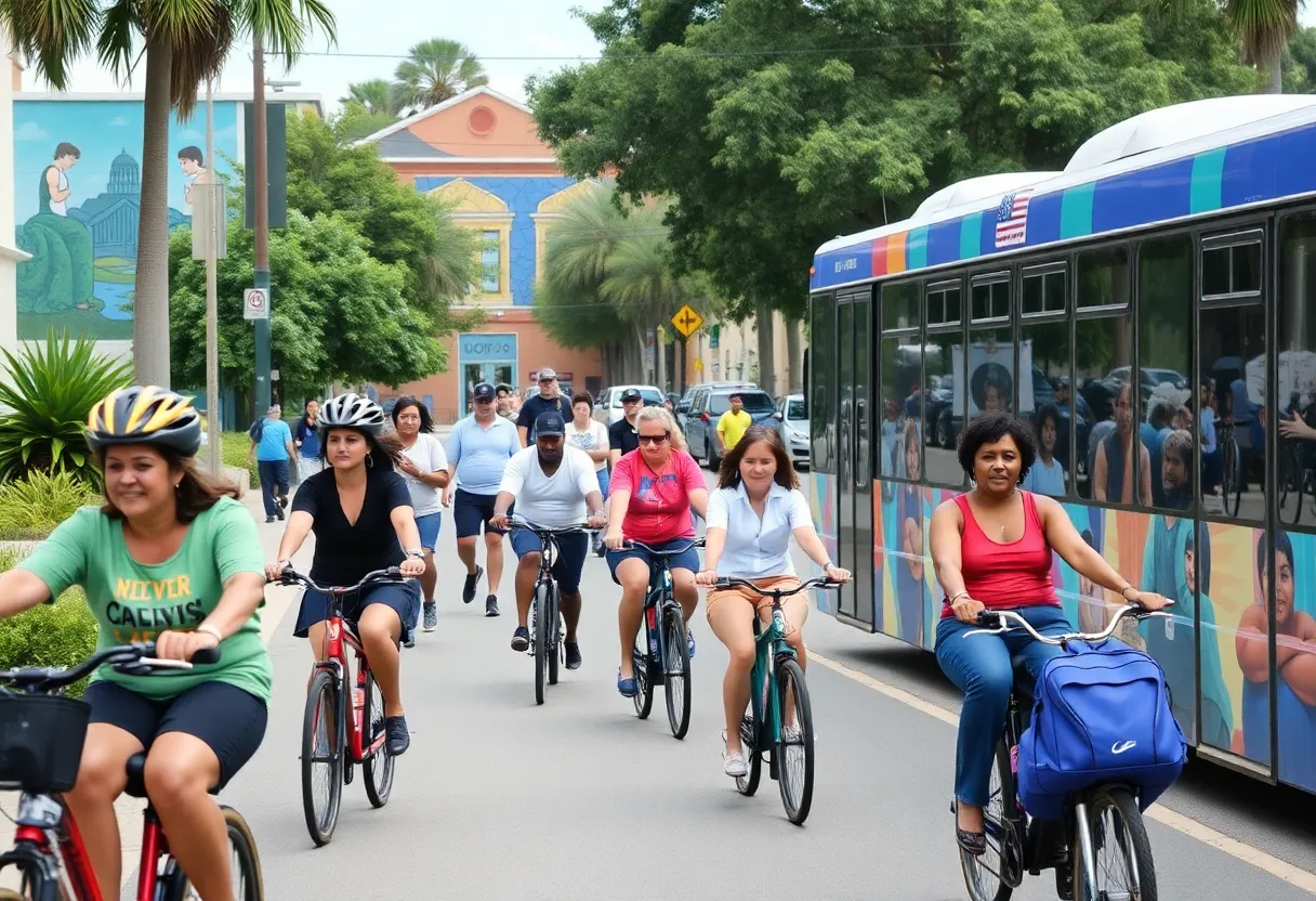 Scene of diverse people in South St. Petersburg using various transportation modes.