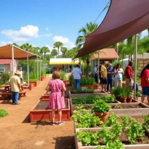 A flourishing community garden with benches and raised beds in Florida