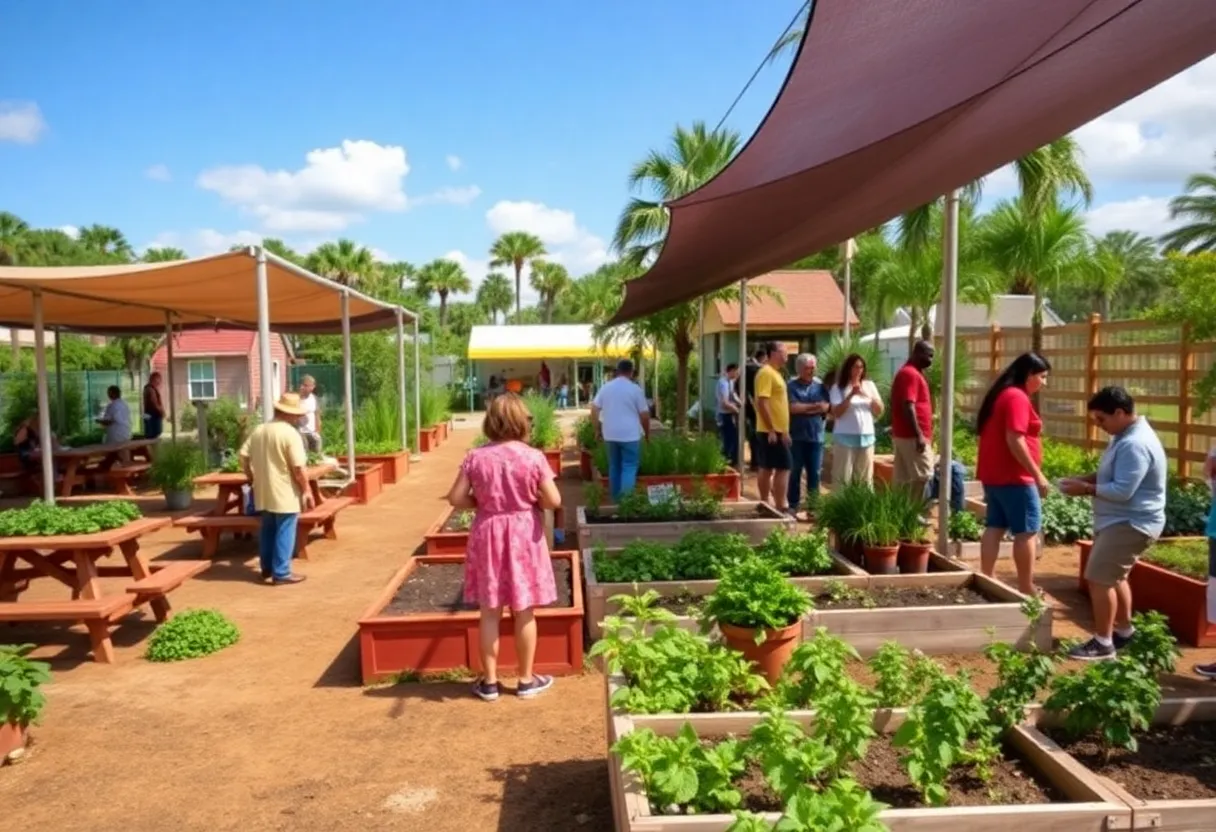 A flourishing community garden with benches and raised beds in Florida