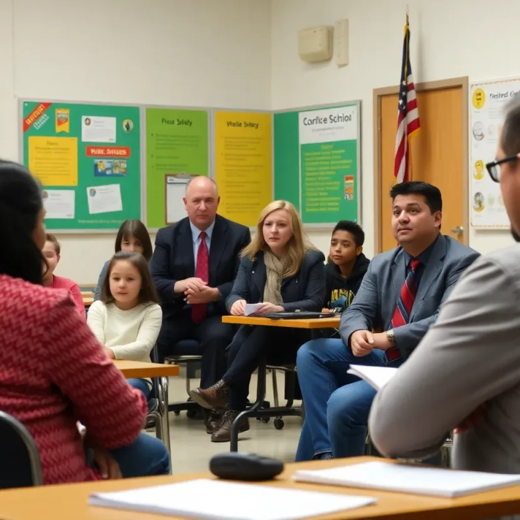 Community members attending a safety discussion at school