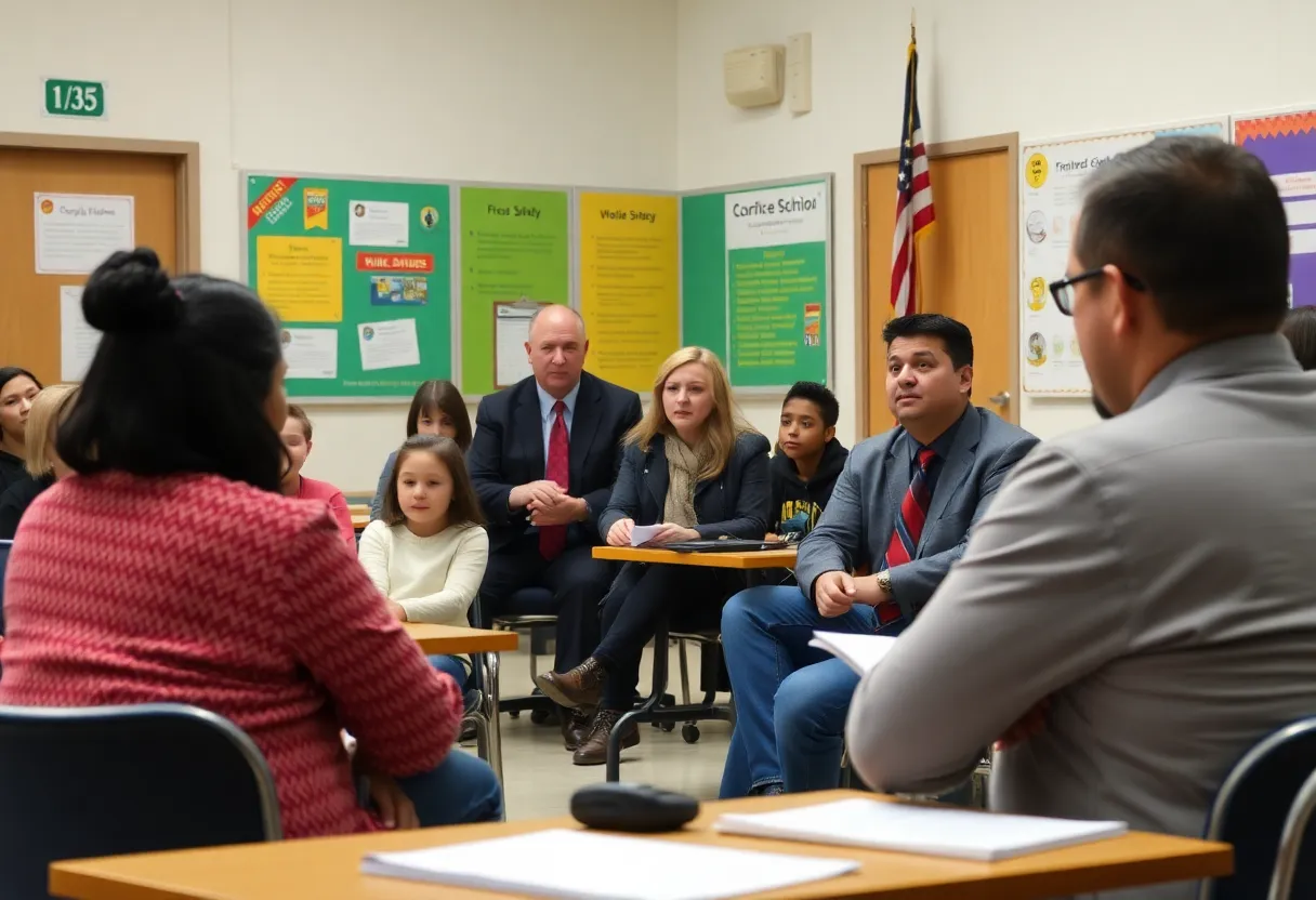 Community members attending a safety discussion at school