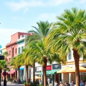 A lively scene of downtown St. Petersburg Florida with palm trees and colorful storefronts