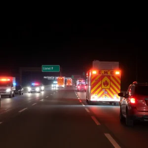 Emergency vehicles at the scene of a roadside accident on I-275 at night