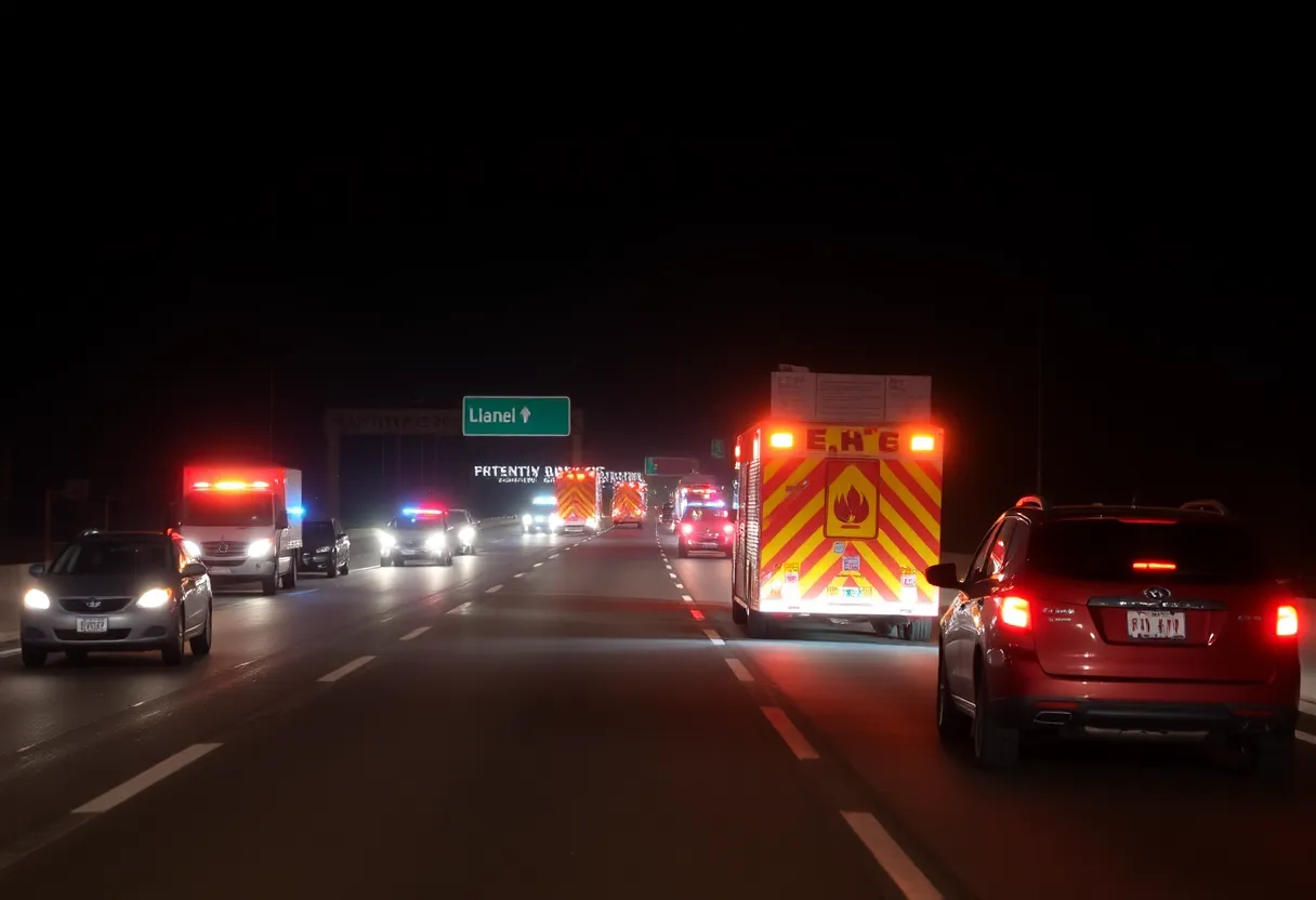 Emergency vehicles at the scene of a roadside accident on I-275 at night