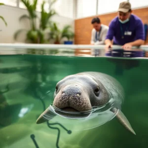 Manatee swimming in a heated pool at ZooTampa, showing recovery care