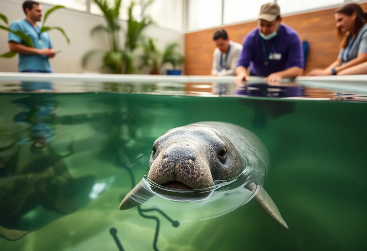 Manatee swimming in a heated pool at ZooTampa, showing recovery care