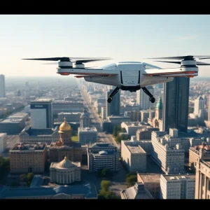 Futuristic eVTOL vehicles flying over St. Petersburg skyline