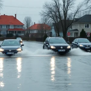 Vehicles navigating through a flooded street in St. Petersburg