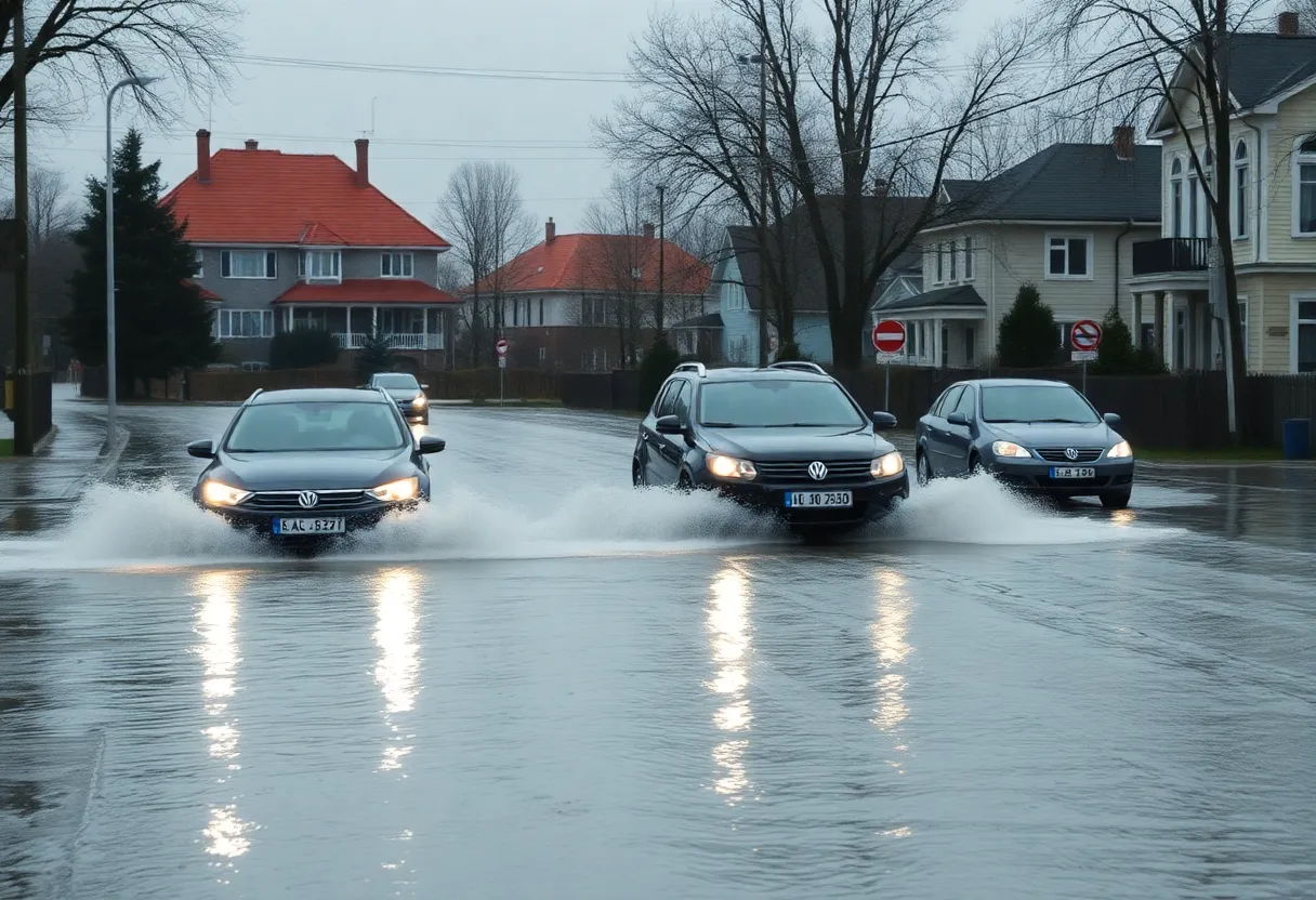 Vehicles navigating through a flooded street in St. Petersburg