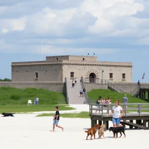 Families enjoying the historic fort and dog beach at Fort De Soto Park.