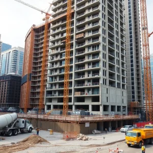 Construction site with concrete trucks pouring foundation for the 3rd & 3rd apartment tower in St. Petersburg