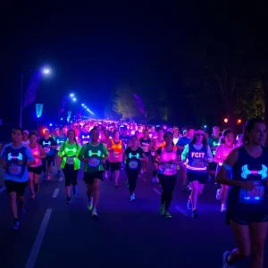 Participants in glowing outfits running through North Straub Park during the 5K event