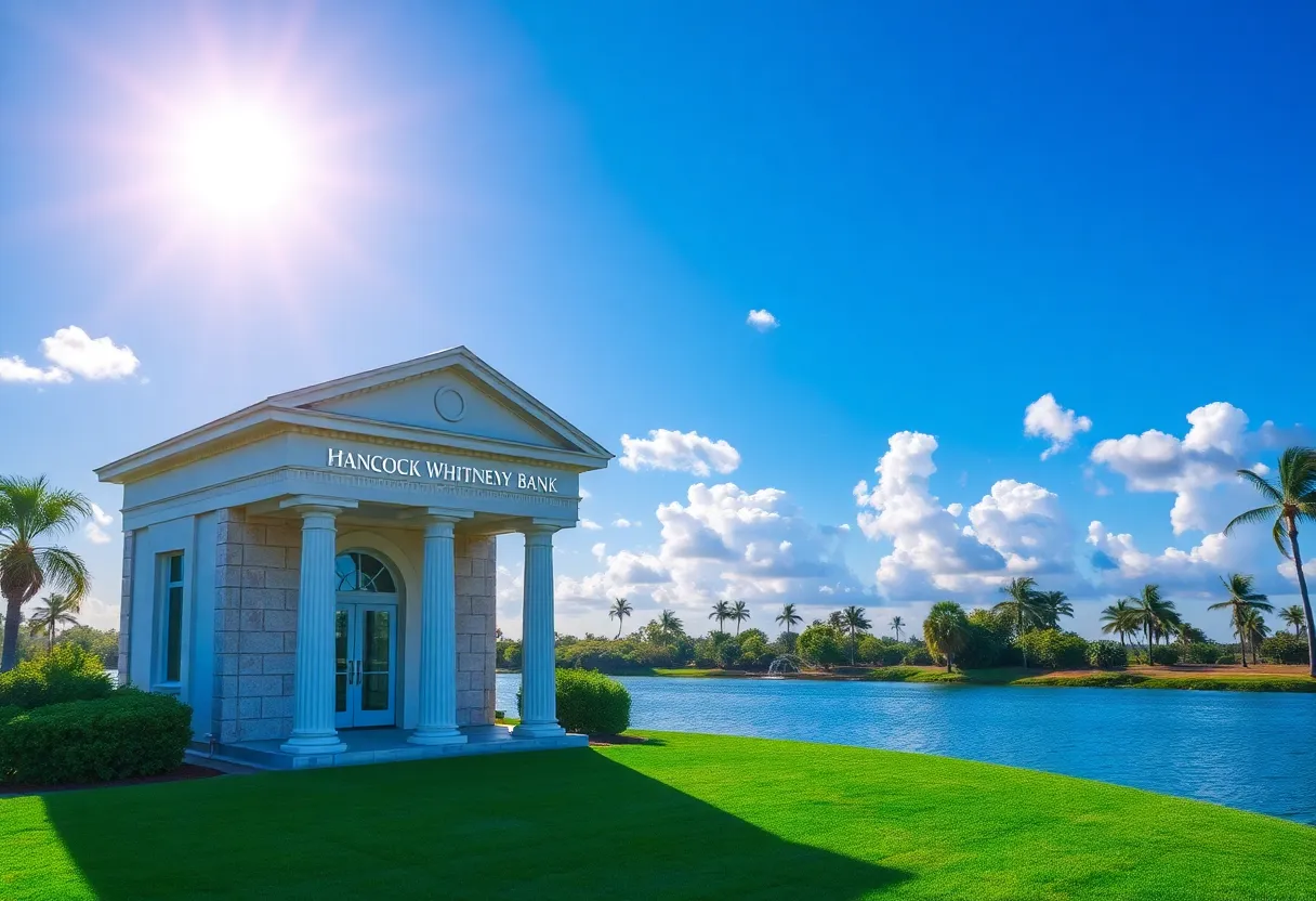 Image of Hancock Whitney Bank with a sunny backdrop of Florida