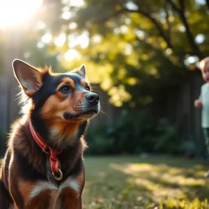 Family dog standing in a backyard, protecting a toddler.