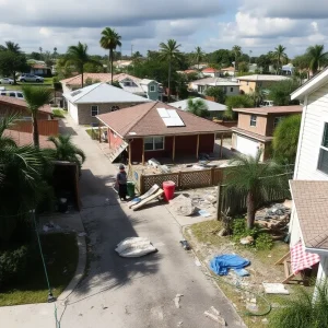 Neighborhood in St. Petersburg showing hurricane damage and recovery efforts.