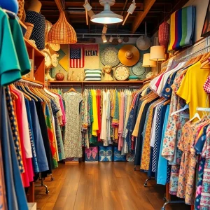 Inside view of I Am So Not Cool Vintage showing colorful vintage clothing and accessories