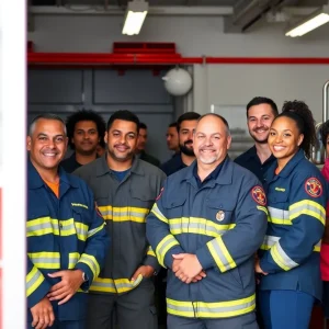 Diverse firefighters collaborating in a fire station