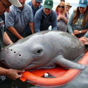 Manatee being rescued by wildlife professionals in St. Petersburg