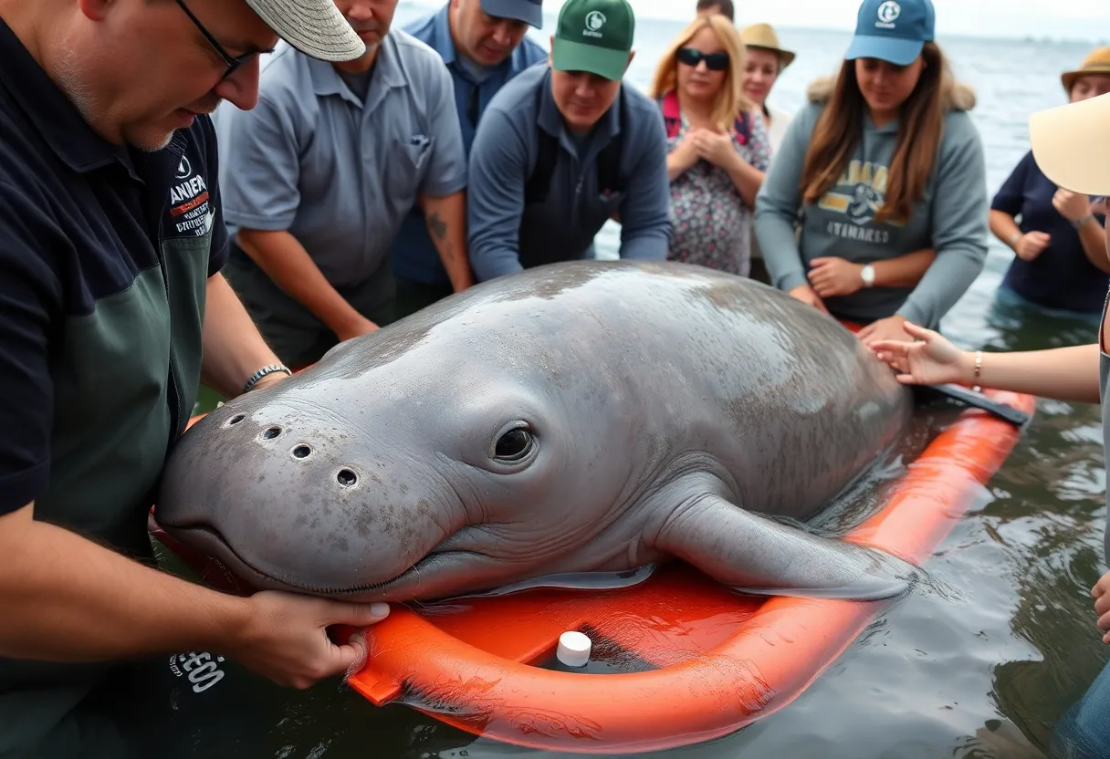 Manatee being rescued by wildlife professionals in St. Petersburg