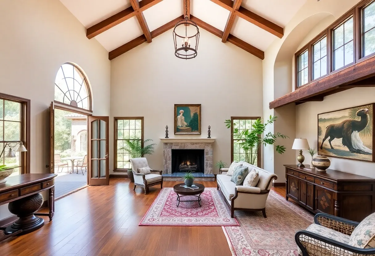 Exterior view of a Mediterranean Revival home with lush landscaping