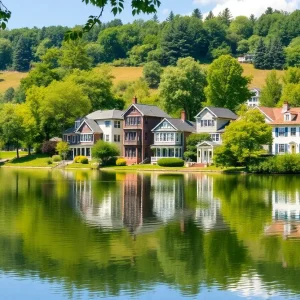 A scenic view of Mirror Lake highlighting historic homes and landscape