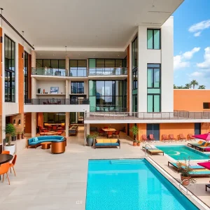 Stylish lobby of Moxy St. Pete hotel with inviting seating and modern decor.