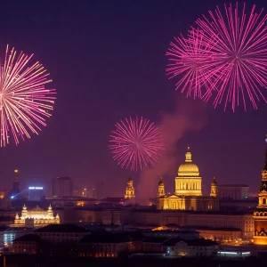 Fireworks over St. Petersburg skyline during New Year's Eve celebration