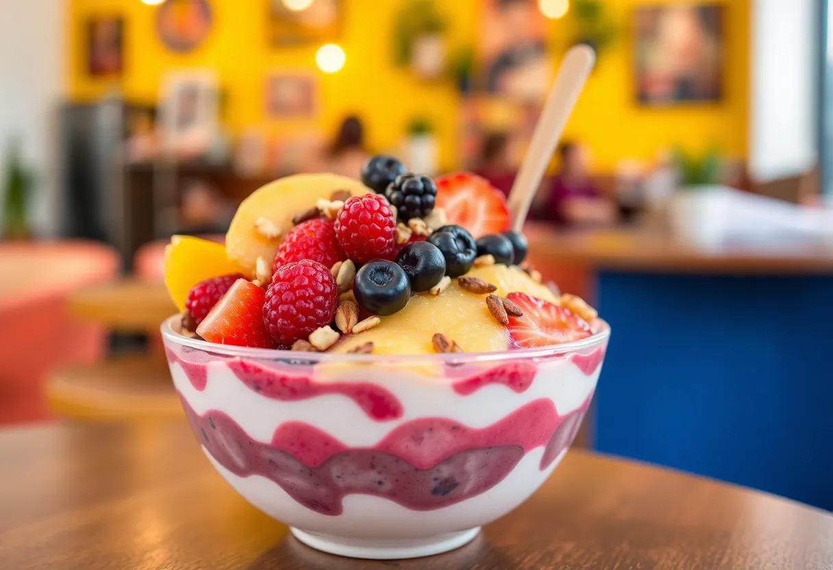 Açaí bowl with various toppings in a welcoming café