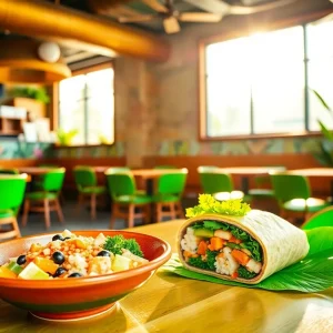 Interior of Pacific Counter restaurant in St. Petersburg with poke bowls and sushi burritos