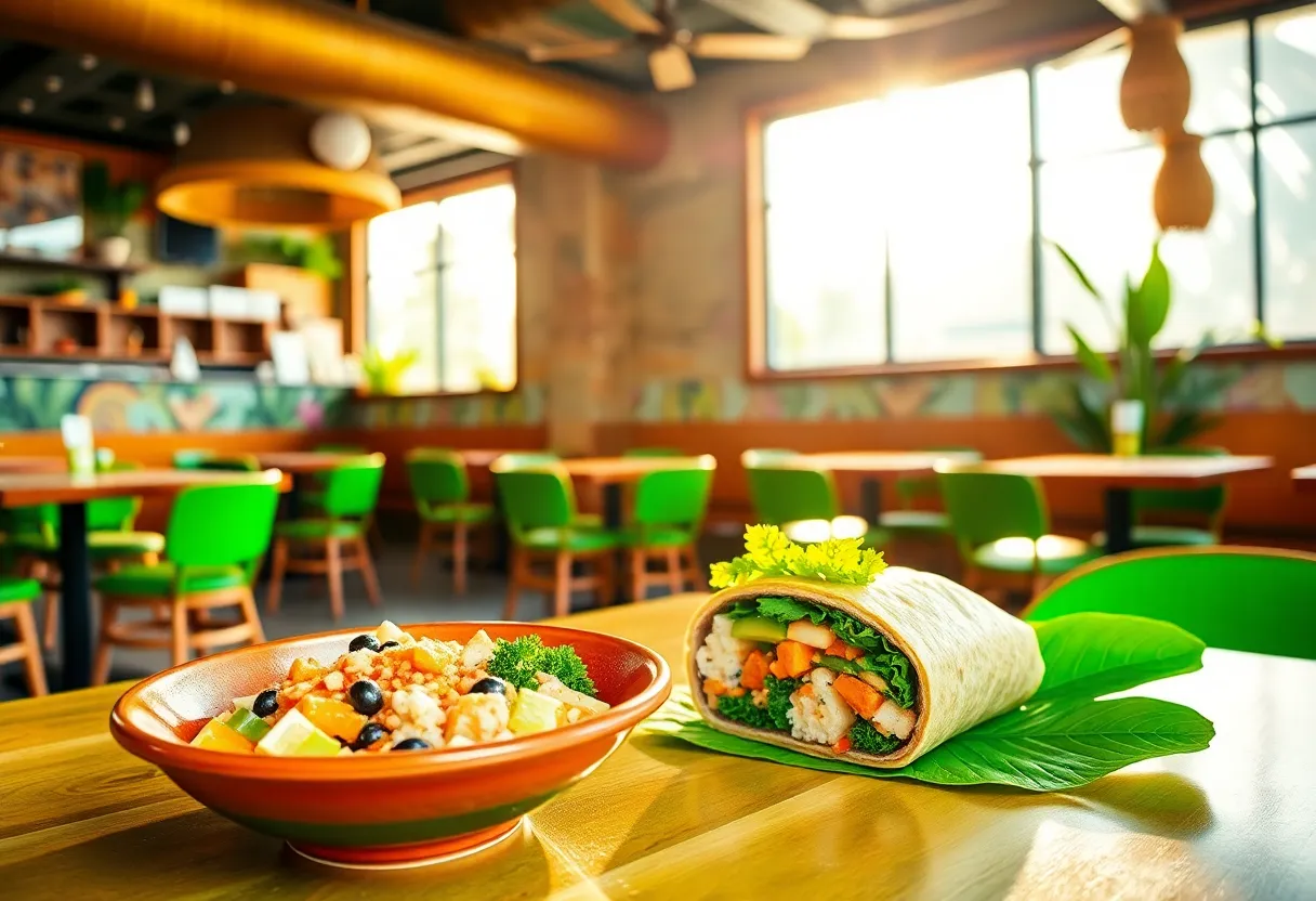 Interior of Pacific Counter restaurant in St. Petersburg with poke bowls and sushi burritos