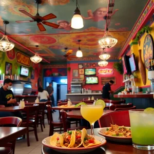 Interior of Pepe’s Cantina restaurant filled with colorful decorations and delicious Mexican dishes.