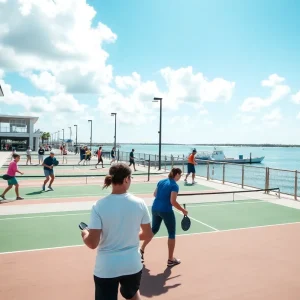 People playing pickleball on new courts at St. Pete Pier