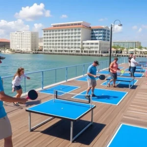 People playing pickleball on pop-up courts at St. Pete Pier