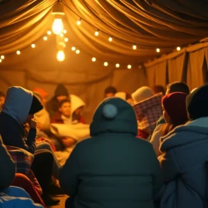 Image of a cold night shelter welcoming individuals for warmth and safety.