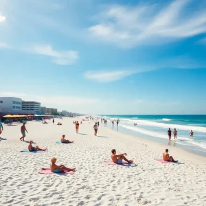 Beach scene in Pinellas County with visitors and open businesses