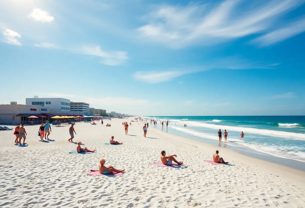 Beach scene in Pinellas County with visitors and open businesses