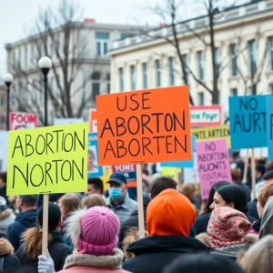 Protesters at the St. Petersburg abortion rights rally holding signs